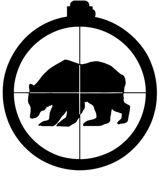 Bear in rifle sight vinyl sticker. Customize on line. Hunting 054-0095